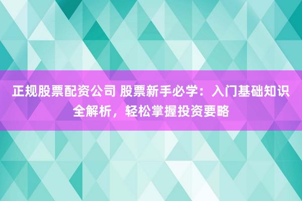 正规股票配资公司 股票新手必学：入门基础知识全解析，轻松掌握投资要略